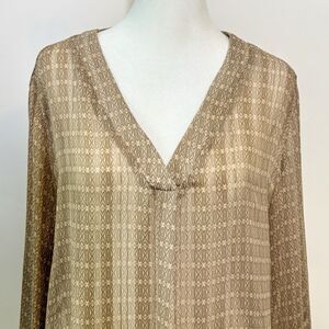 SUSINA Long Sleeve Sheer Blouse V-Neck Tunic Women's L Tan Brown Geometric Boho